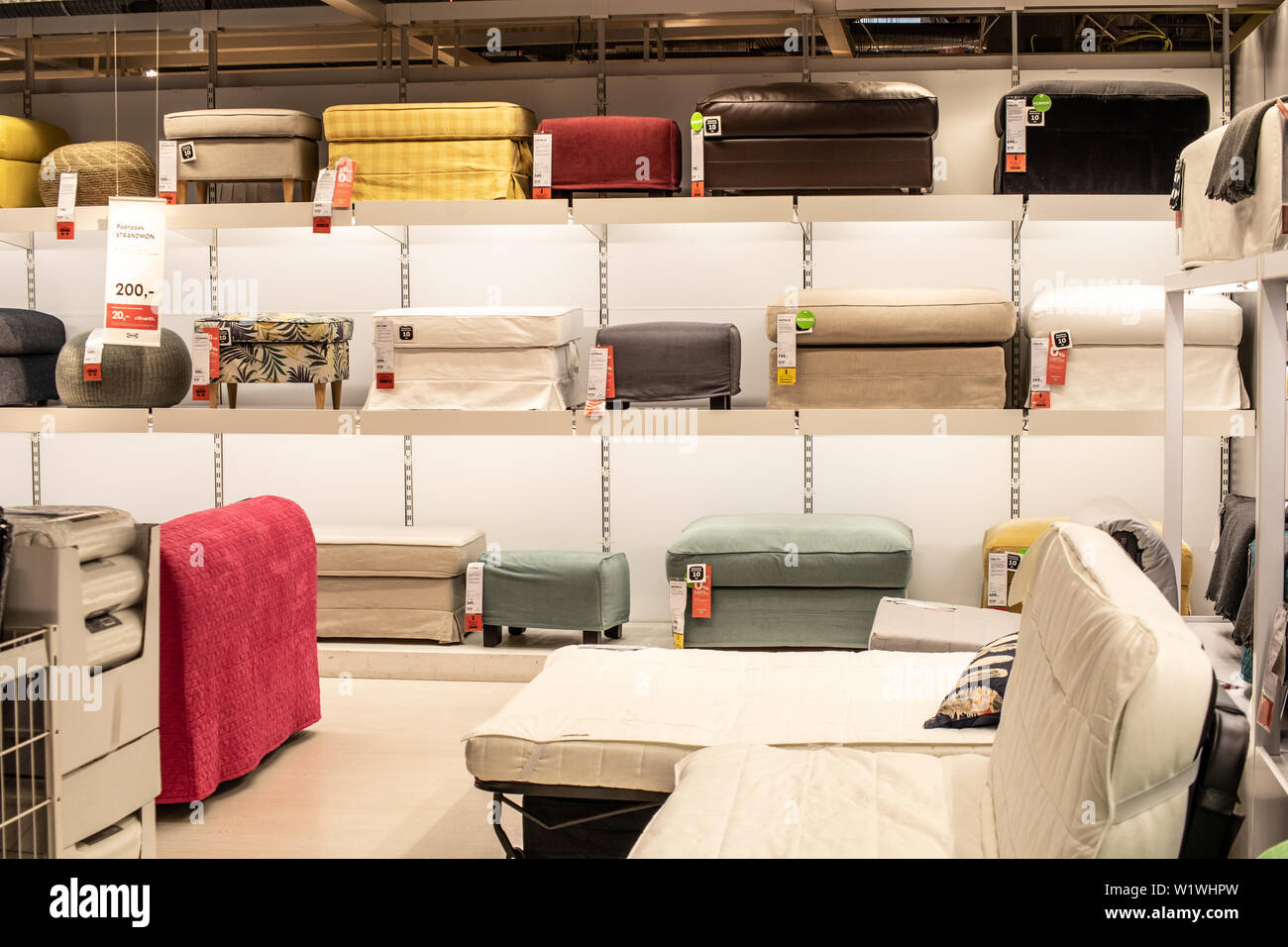 Lodz, Poland, Jan 2019 exhibition, interior IKEA store. modern sofas. IKEA designs, sells ready-to-assemble furniture, appliances, home accessories. Stock Photo