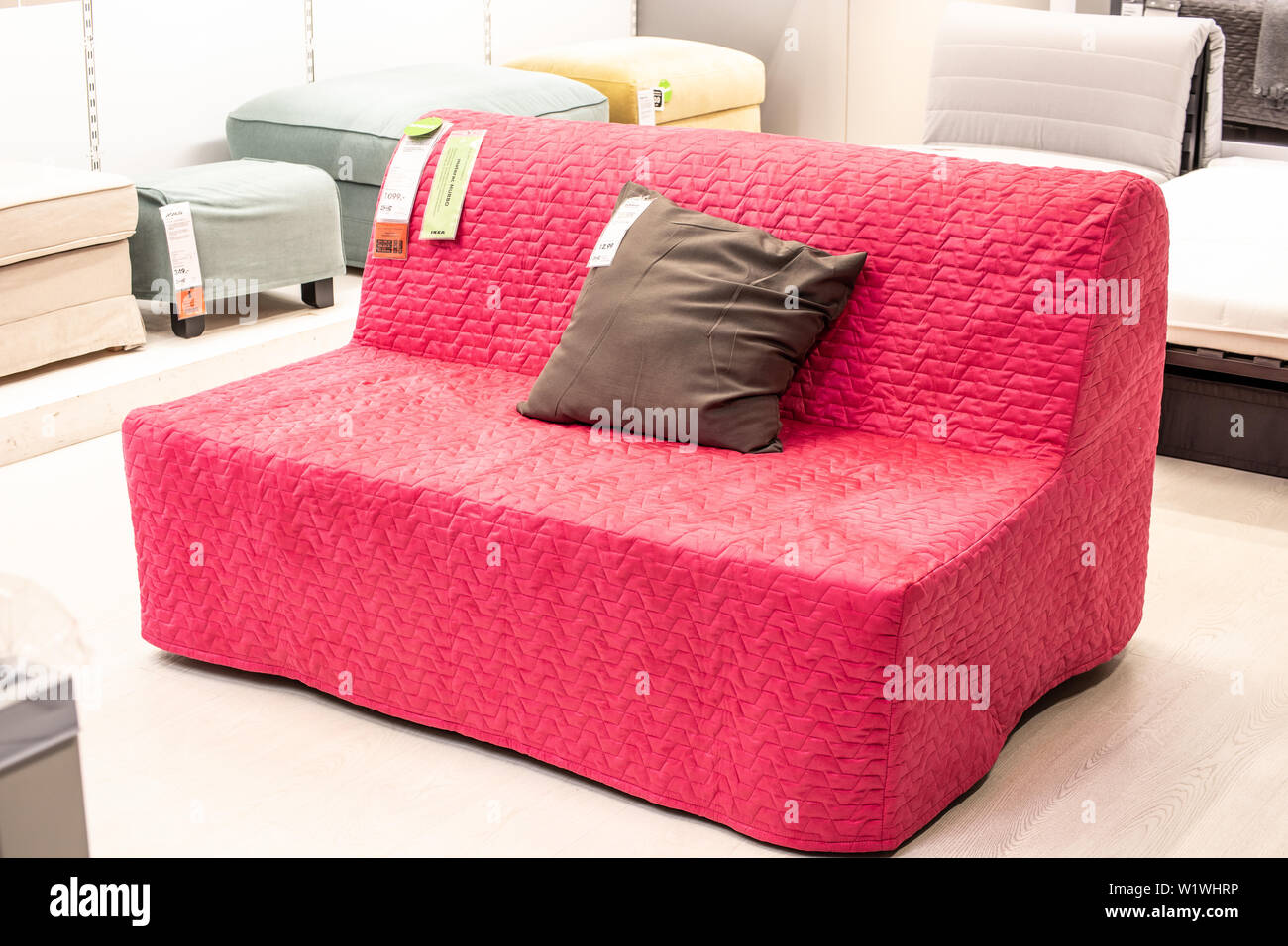 Lodz, Poland, Jan 2019 exhibition, interior IKEA store. modern sofas. IKEA designs, sells ready-to-assemble furniture, appliances, home accessories. Stock Photo