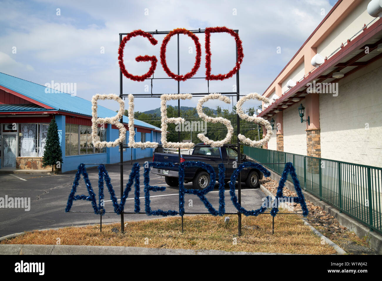 God Bless America red white and blue patriotic sign Pigeon Forge, Tennessee, USA Stock Photo