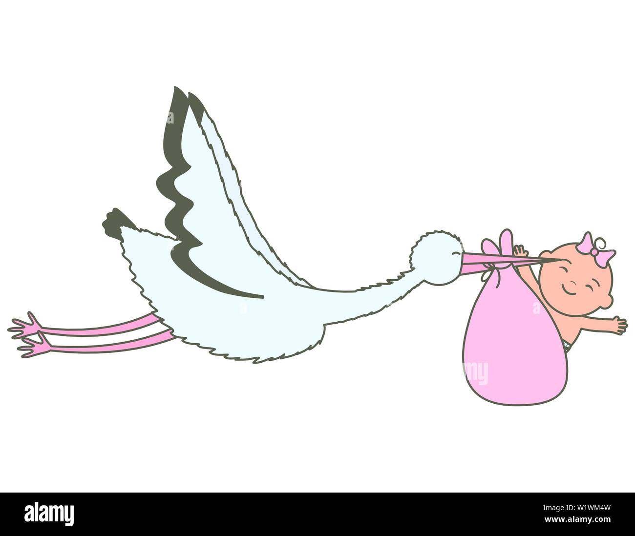 stork flying with cute little baby girl in bag vector illustration ...