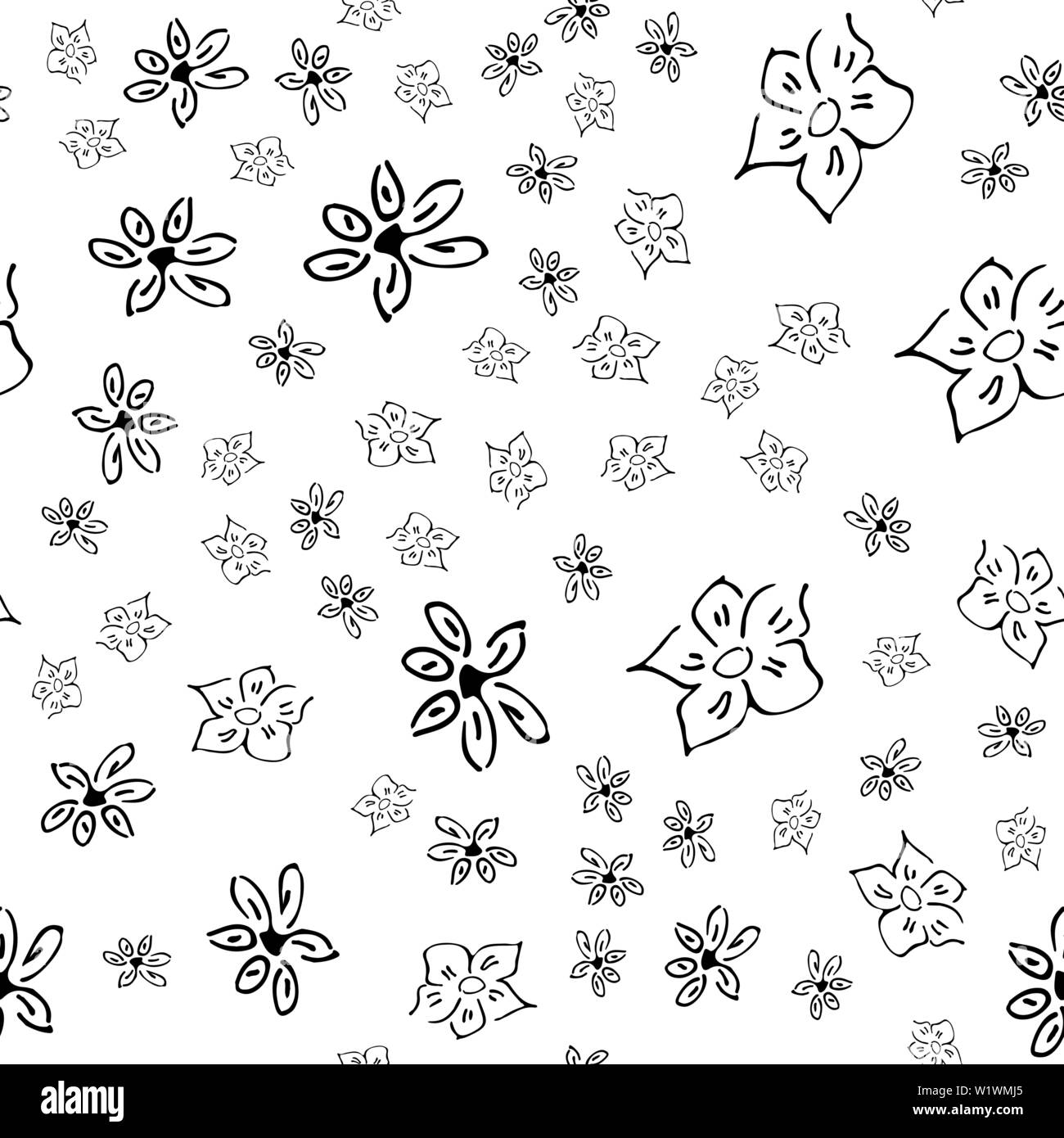 Vector floral seamless pattern. Black and white background with outline  hand drawn chamomile flowers. Spring design for fabric, textile print,  wrapping paper or web backgrounds. Stock Vector