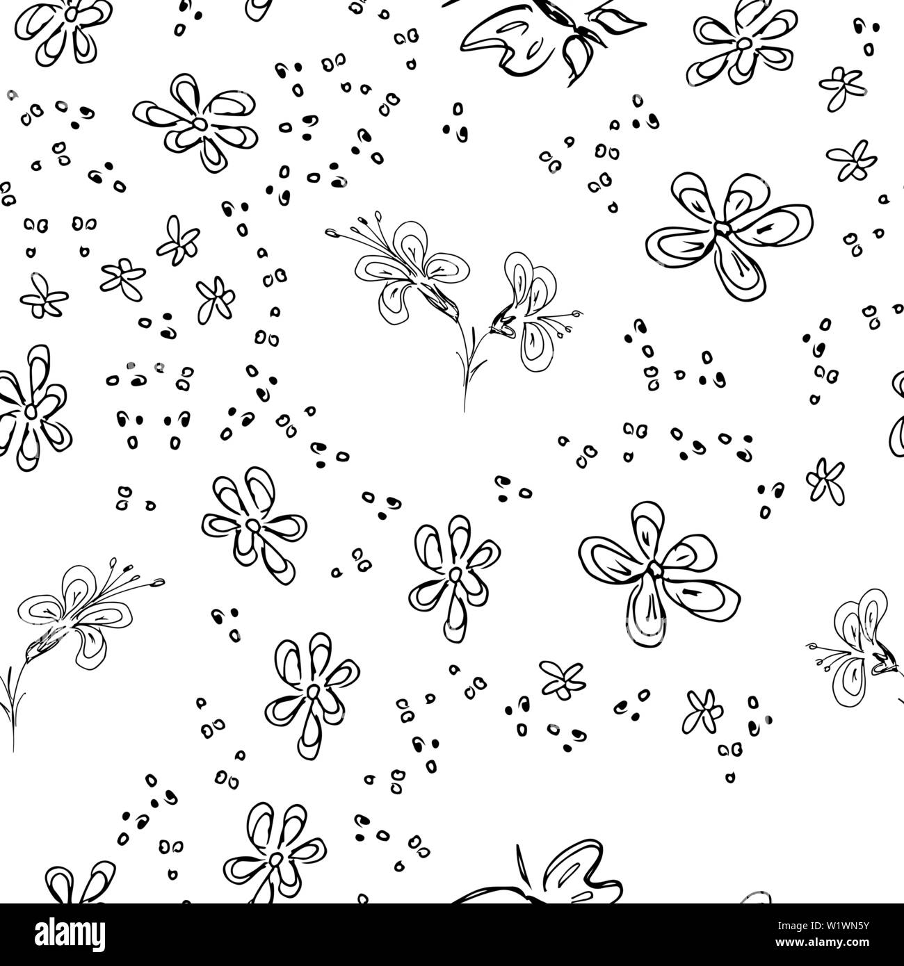 Butterfly seamless outline vector in line art style on white background.  Line art butterfly. Cartoon animals, flowers and dots. Simple design  seamless Stock Vector Image & Art - Alamy