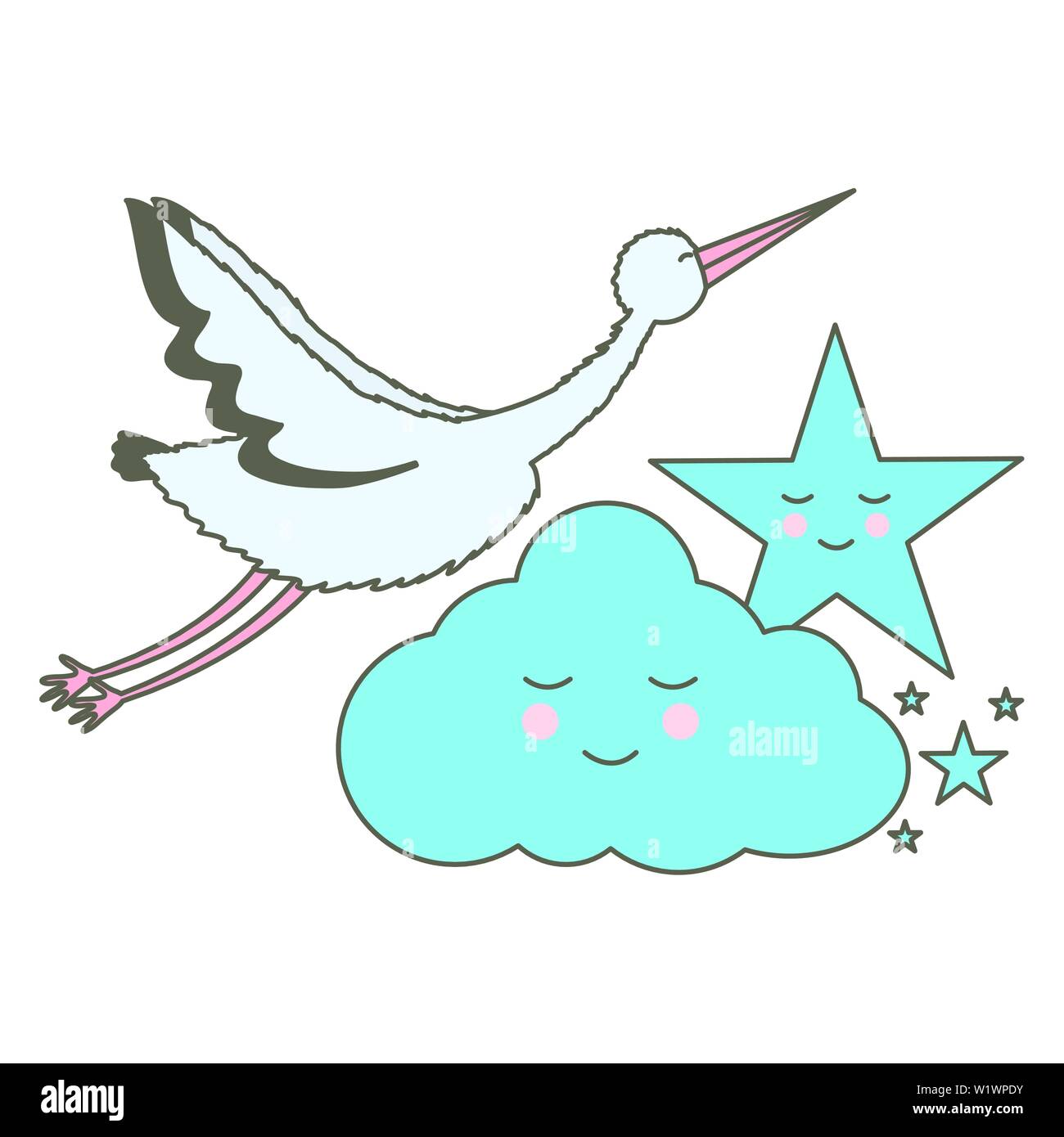 stork bird flying with cloud and star kawaii characters vector ...