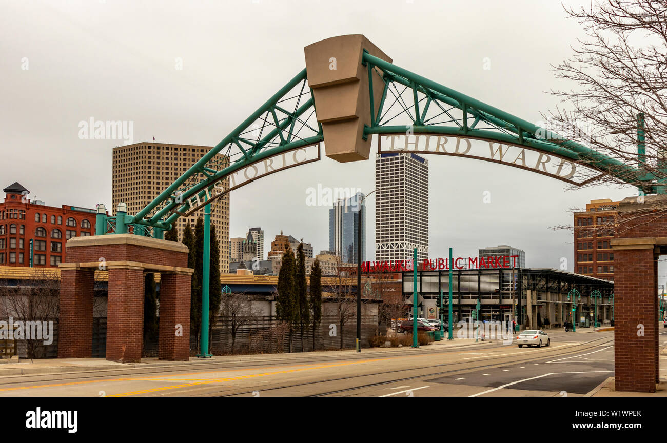 Archway at the entrance to the Historic Third Ward District and Milwaukee Public Market in Downtown Milwaukee, Wisconsin, USA. Stock Photo
