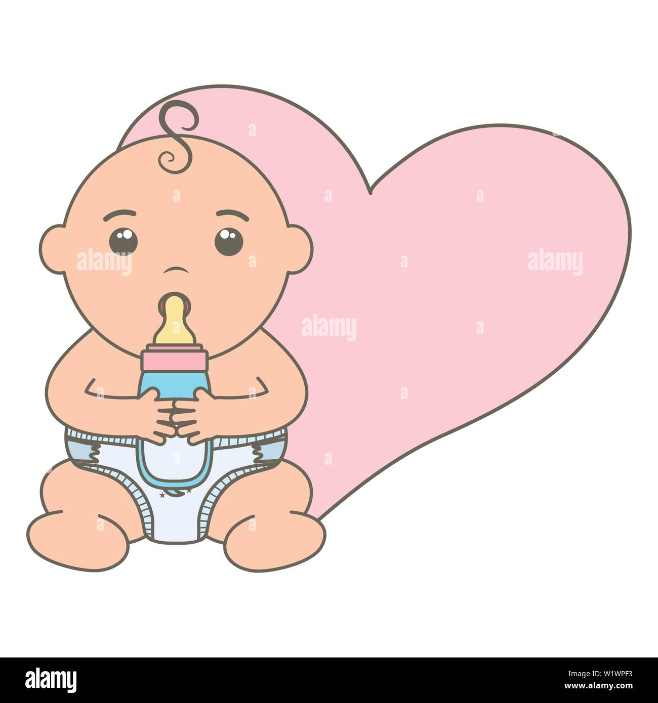 cute little baby boy with bottle milk and heart vector illustration ...