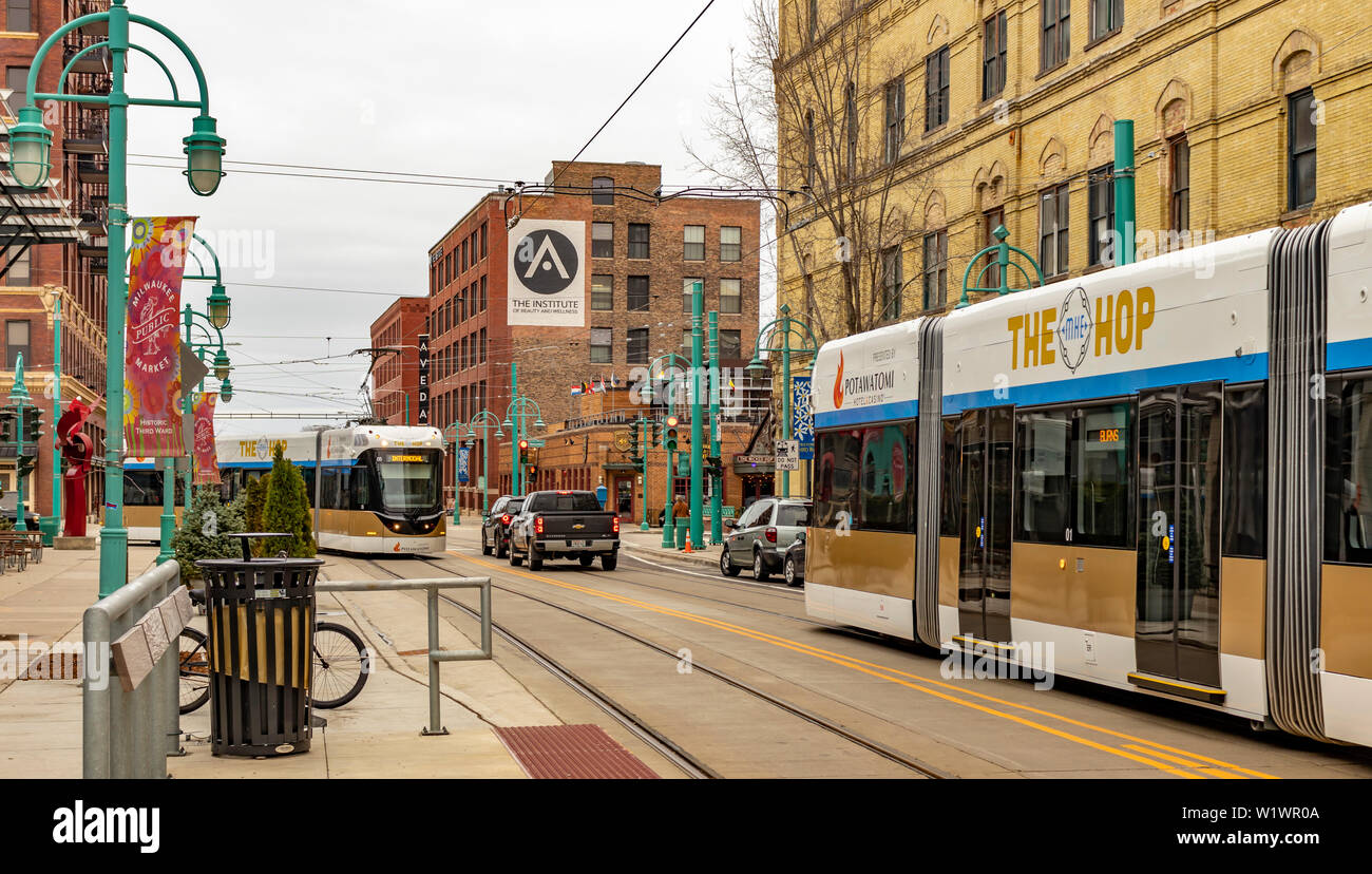 Milwaukee, Wisconsin - April 10th, 2019 - 'The Hop' - MKE public transit streetcar at the Public Market, Third Ward Station in Downtown Milwaukee. Stock Photo