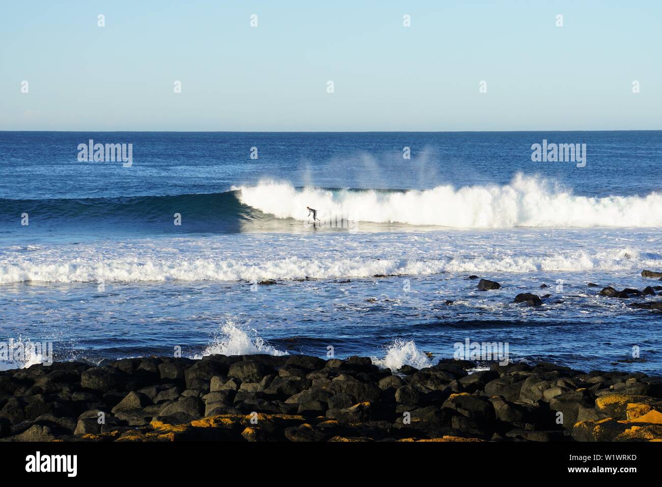 Early Morning Surfer catching a Wave at Port Fairy's Surf Beach Stock Photo