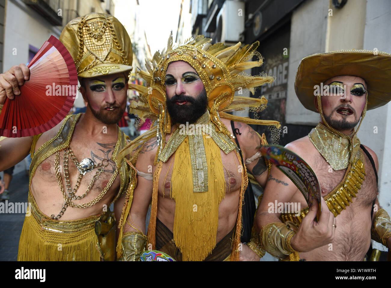 Madrid, Spain. 03rd July, 2019. Revellers pose for a picture before the official opening of the MADO 2019 Gay Pride in Madrid.The MADO festival celebrate, discuss and show diversity of the LGBTIQ people to mark the 50th Anniversary of the Stonewall Uprising and a half-century of LGBTQIA  liberation. Credit: SOPA Images Limited/Alamy Live News Stock Photo