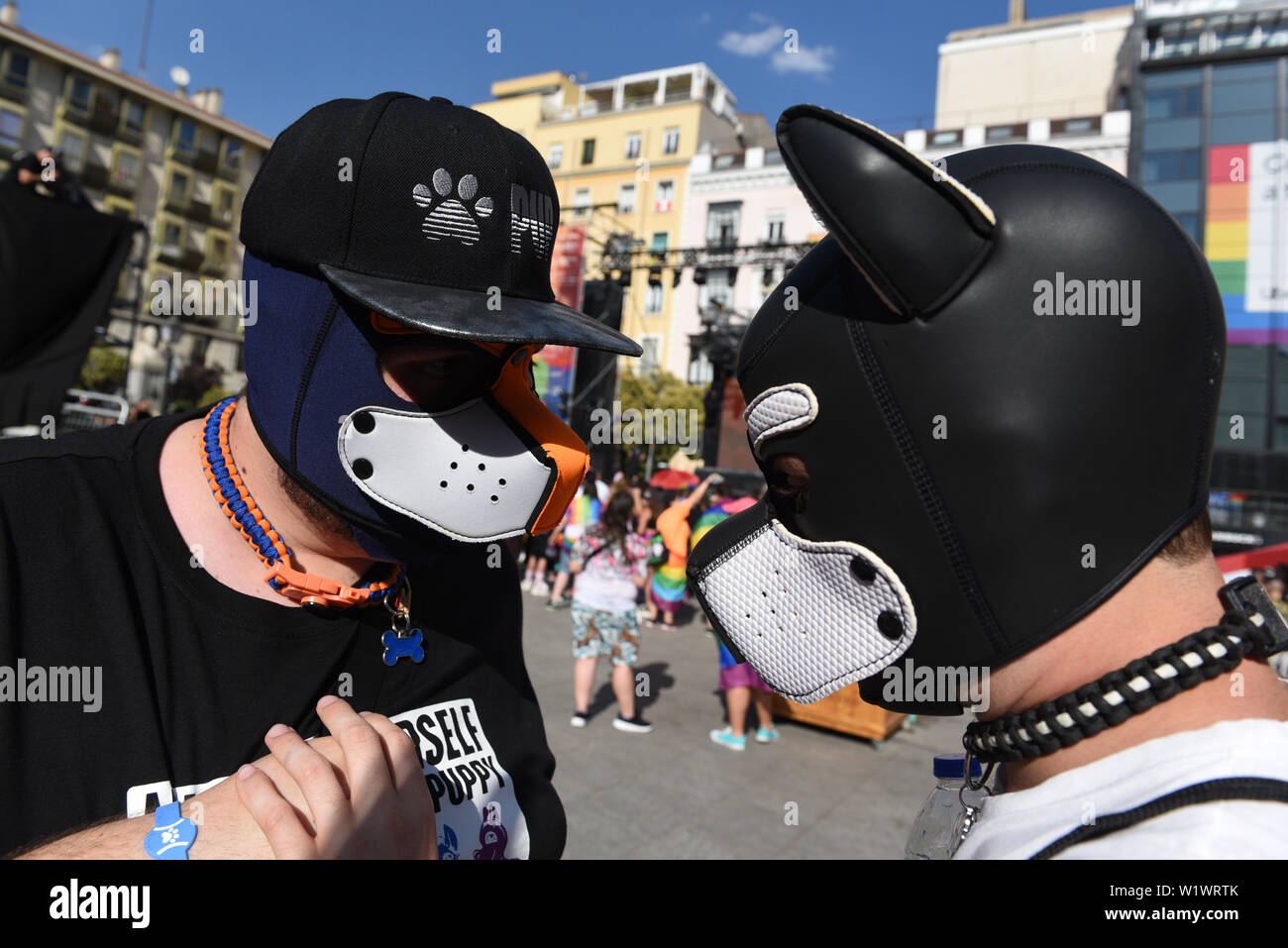 Madrid, Spain. 03rd July, 2019. Revellers are seen before the official opening of the MADO 2019 Gay Pride in Madrid.The MADO festival celebrate, discuss and show diversity of the LGBTIQ people to mark the 50th Anniversary of the Stonewall Uprising and a half-century of LGBTQIA  liberation. Credit: SOPA Images Limited/Alamy Live News Stock Photo