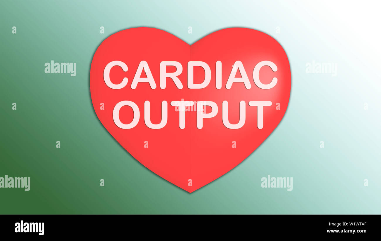 3D illustration of CARDIAC OUTPUT title on red heart, isolated on green gradient. Stock Photo