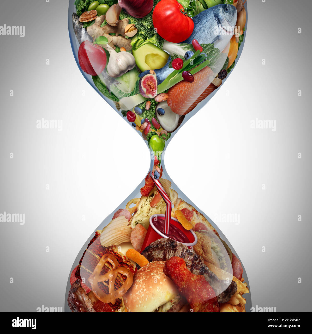 Decline in nutritional eating habits as a diet or dieting symbol with healthy fresh food  turning to unhealthy greasy fast food in a sand hourglass. Stock Photo