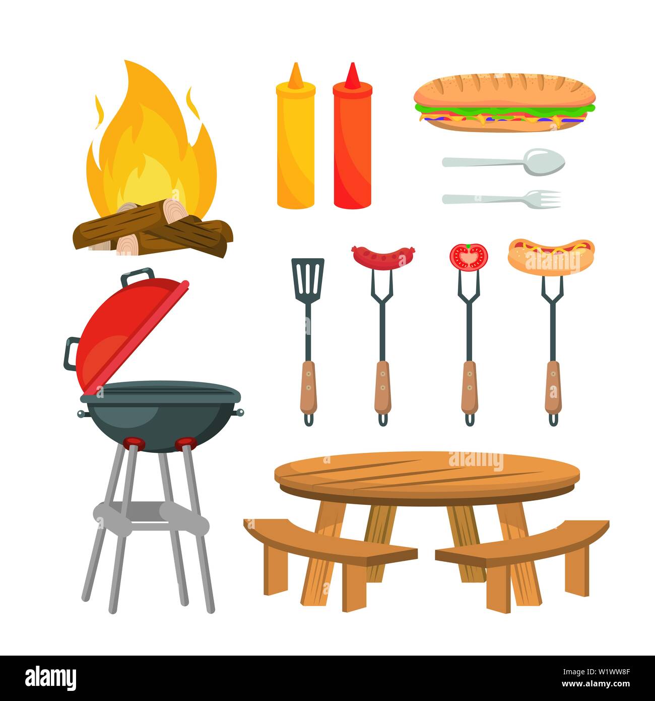 set of picnic relaxation with food and grilled snack over white ...