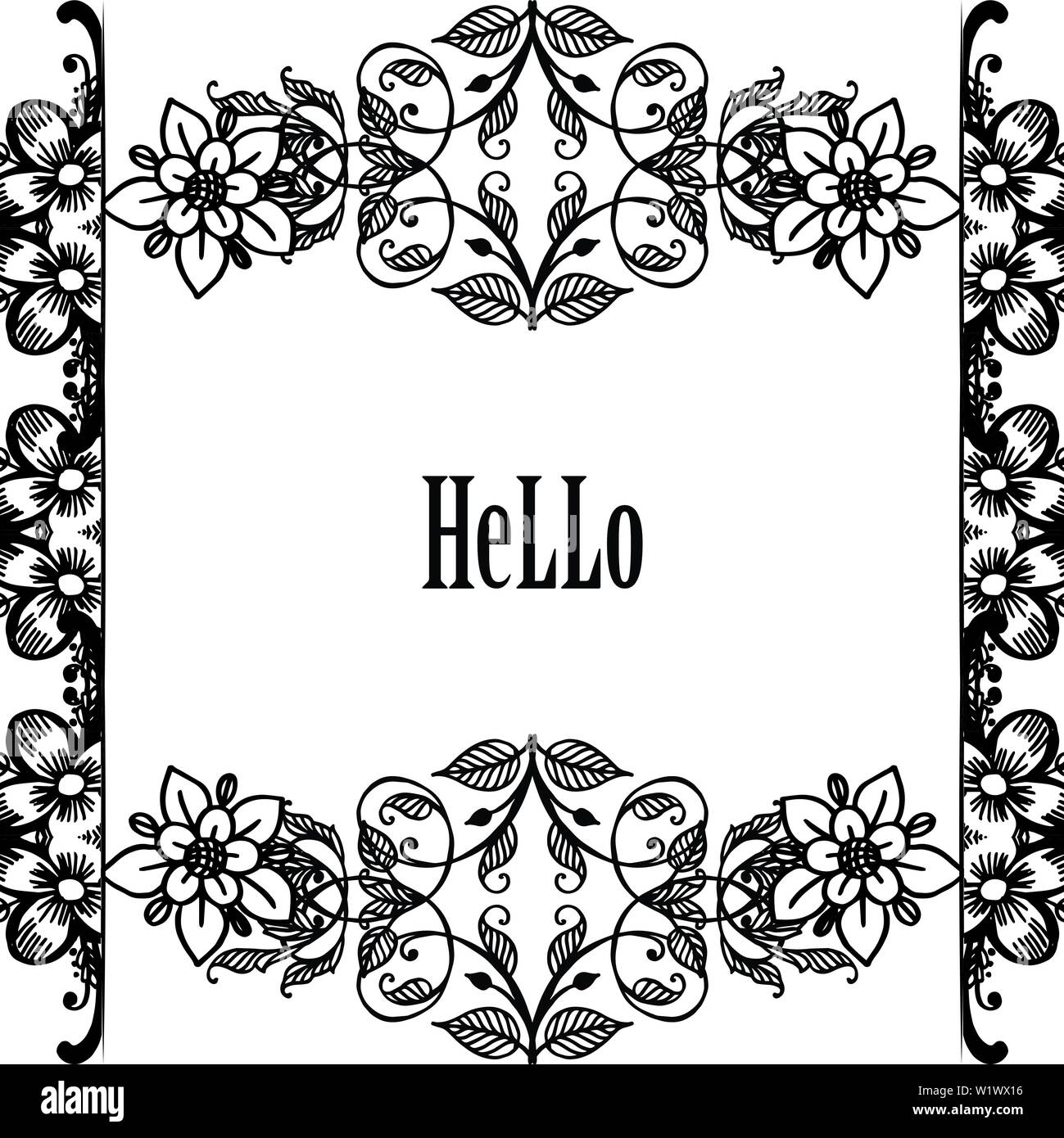 Vector illustration greeting card hello with black white flower frame ...