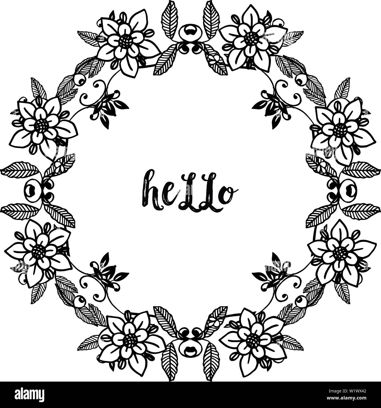 Vector illustration greeting card hello with black white flower frame ...