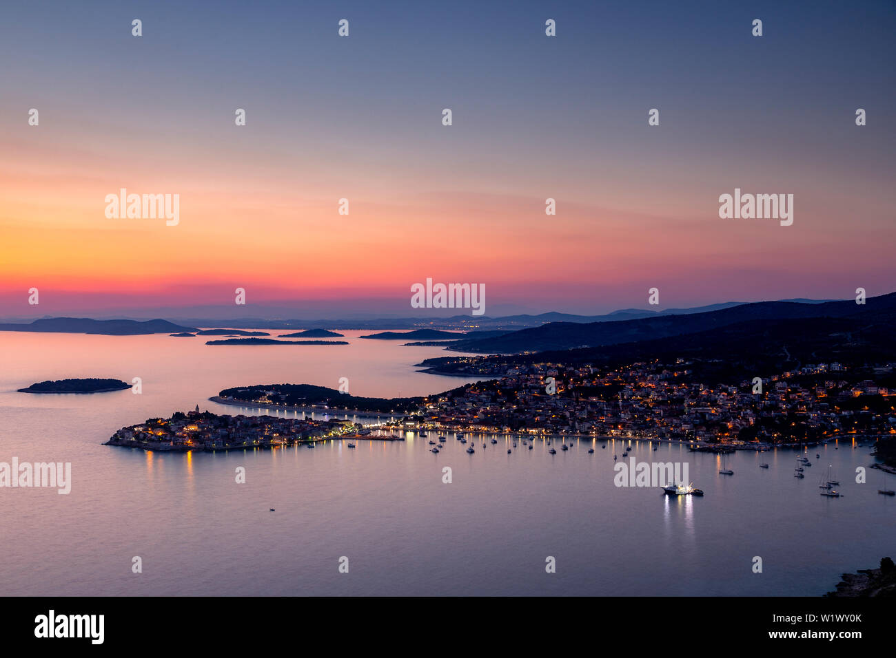 Dusk over Primosten on the coast of Croatia Stock Photo