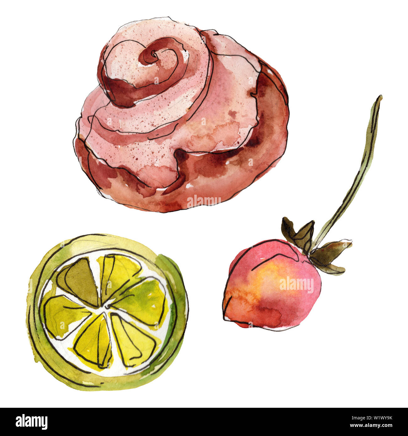 Tasty cake and bun sweet dessert. Watercolor background illustration ...
