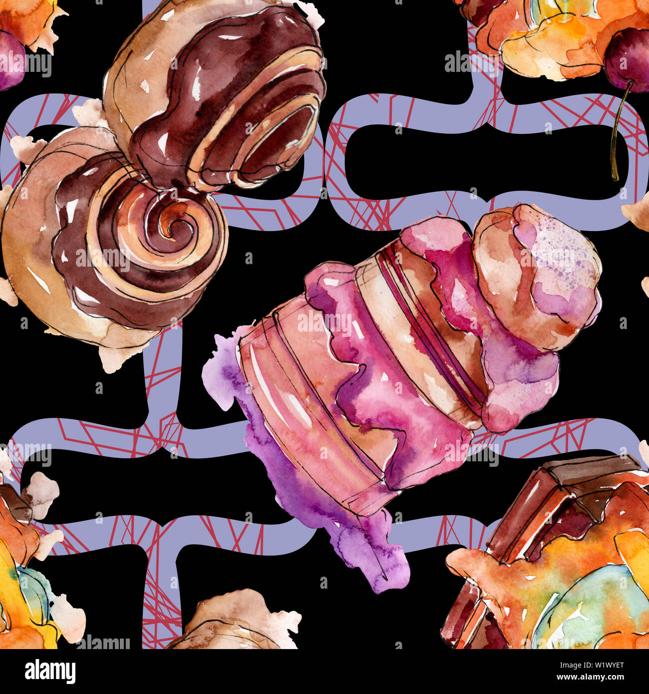 Tasty cake and bun sweet dessert. Watercolor background illustration ...
