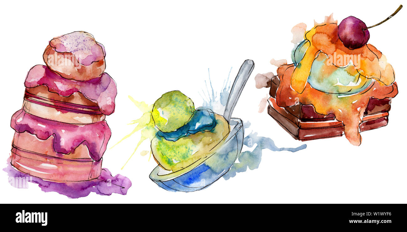 Tasty cake and bun sweet dessert. Watercolor background illustration ...