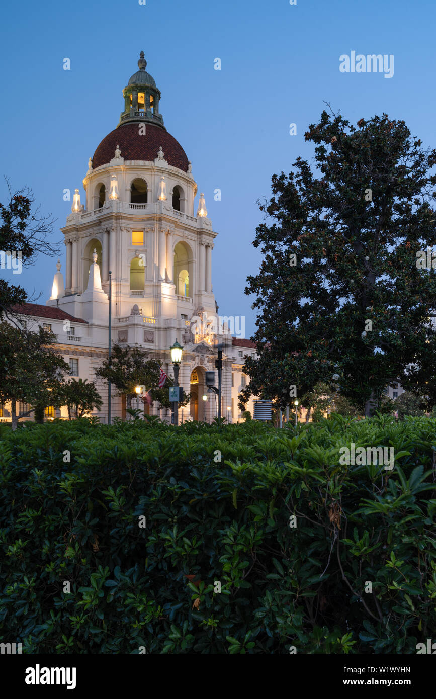 A twilight view of the iconic Pasadena City Hall in Los Angeles County. This building is listed in the National Register of Historic Places. Stock Photo