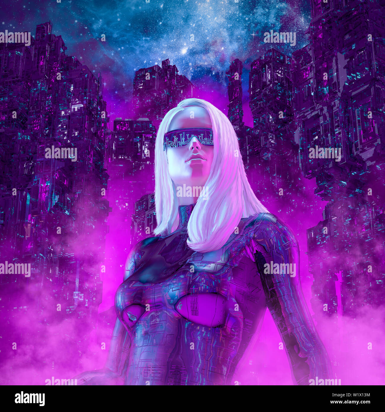 Neon night heroine / 3D illustration of beautiful blond woman with sunglasses in futuristic neon lit cyberpunk city Stock Photo
