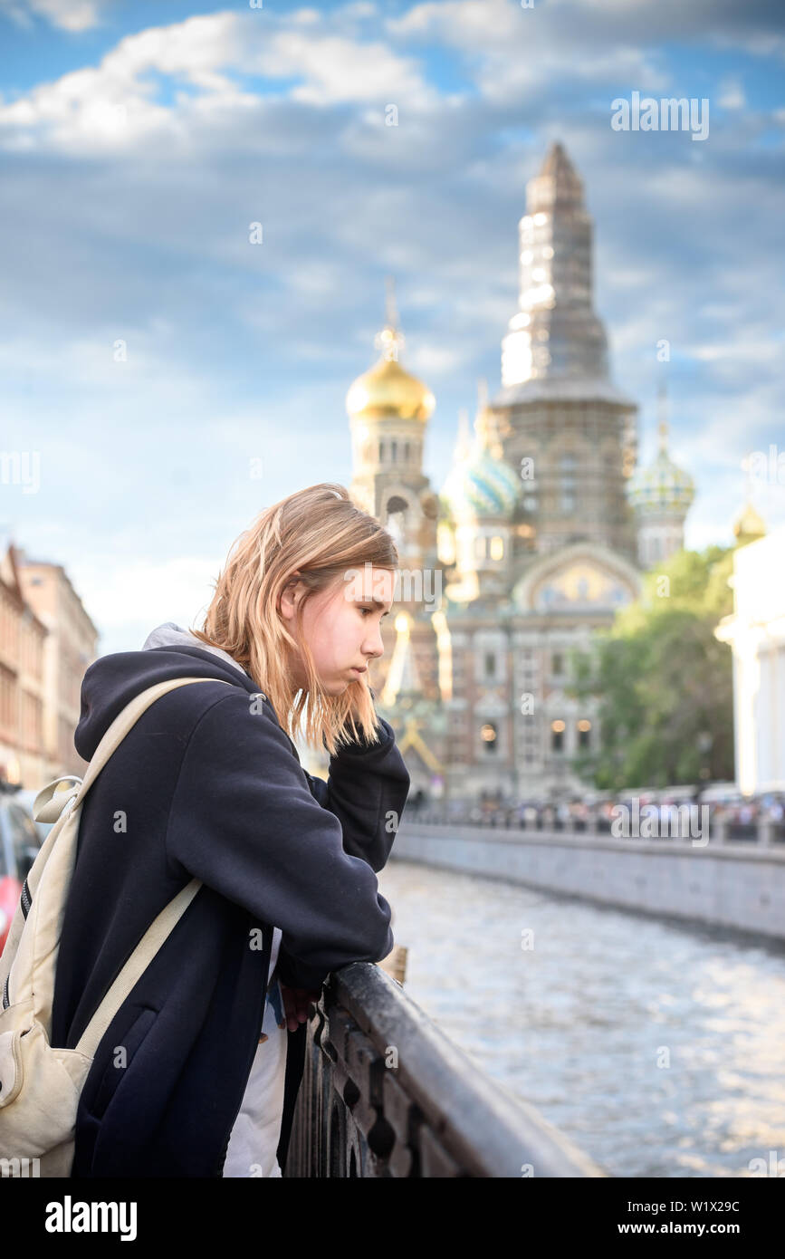 Girl walking around the city of St. Petersburg Stock Photo