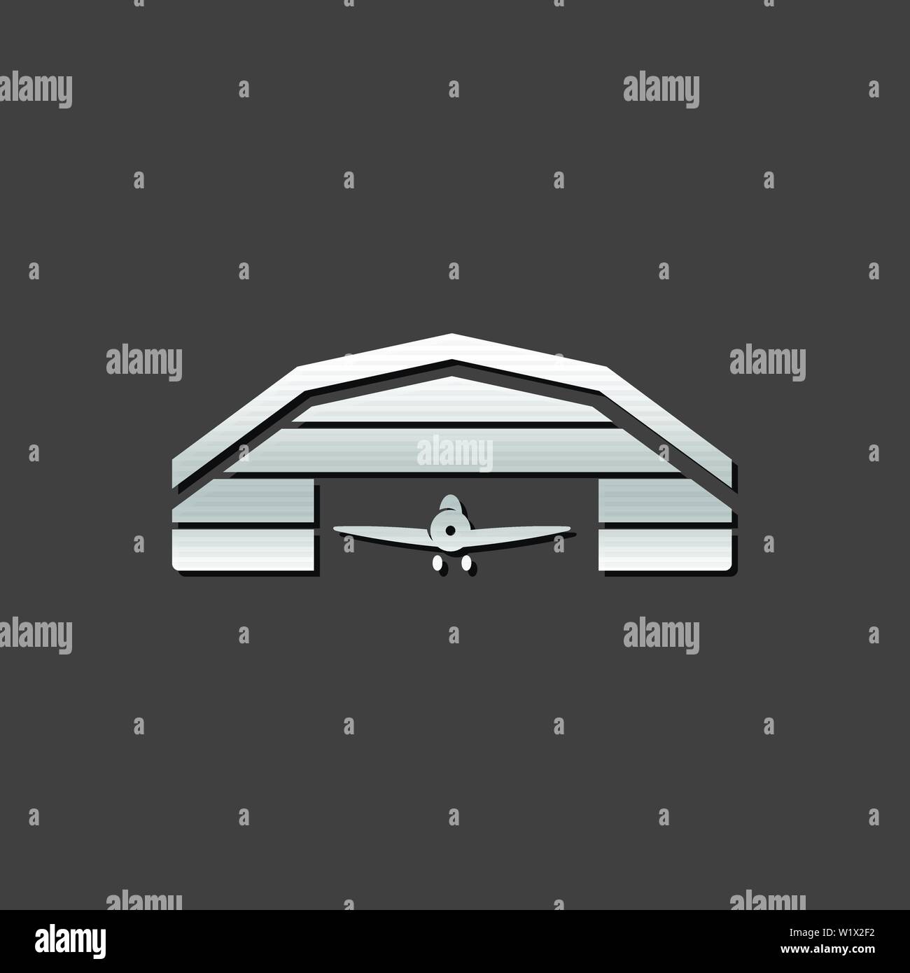 Airplane hangar icon in metallic grey color style. Aviation maintenance ...