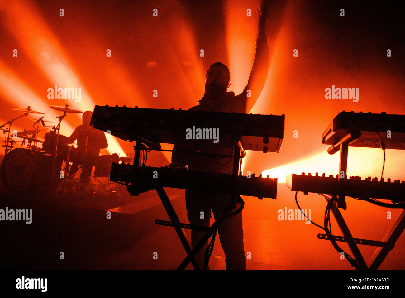 Roskilde, Denmark. 04th July, 2019. Roskilde, Denmark. July 04th, 2019. The French synthwave artist Carpenter Brut performs a live concert with his live band during the Danish music festival Roskilde Festival 2019. (Photo Credit: Gonzales Photo/Alamy Live News Stock Photo