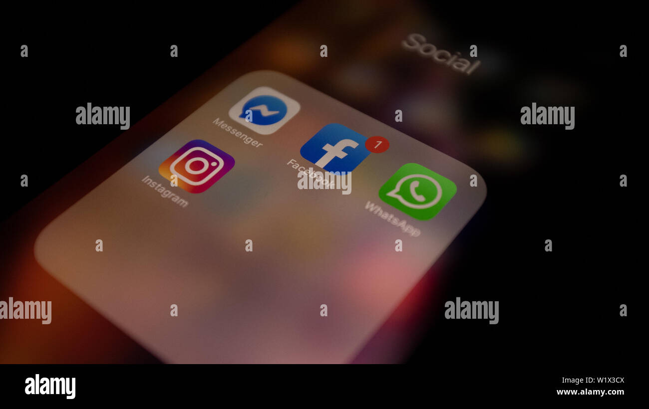 Close Up of Social Media Facebook, Whatsapp, Instagram, Icons at iPhone