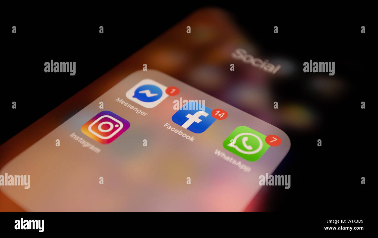 Close Up of Social Media Facebook, Whatsapp, Instagram, Icons at iPhone