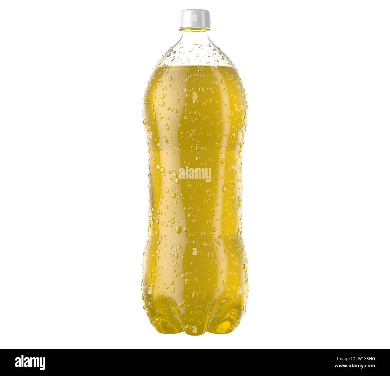 An Irregular Shaped Plastic Two Liter Yellow Soda Bottle With Condensation Droplets On An