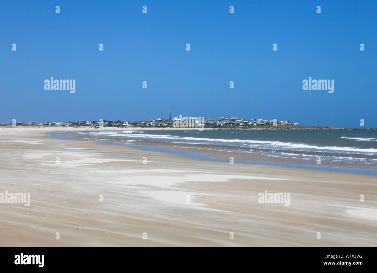 Fishing village Cabo Polonio with wide sandy beach at the Atlantic Ocean, Cabo Polonio National Park, Province Rocha, Uruguay Stock Photo