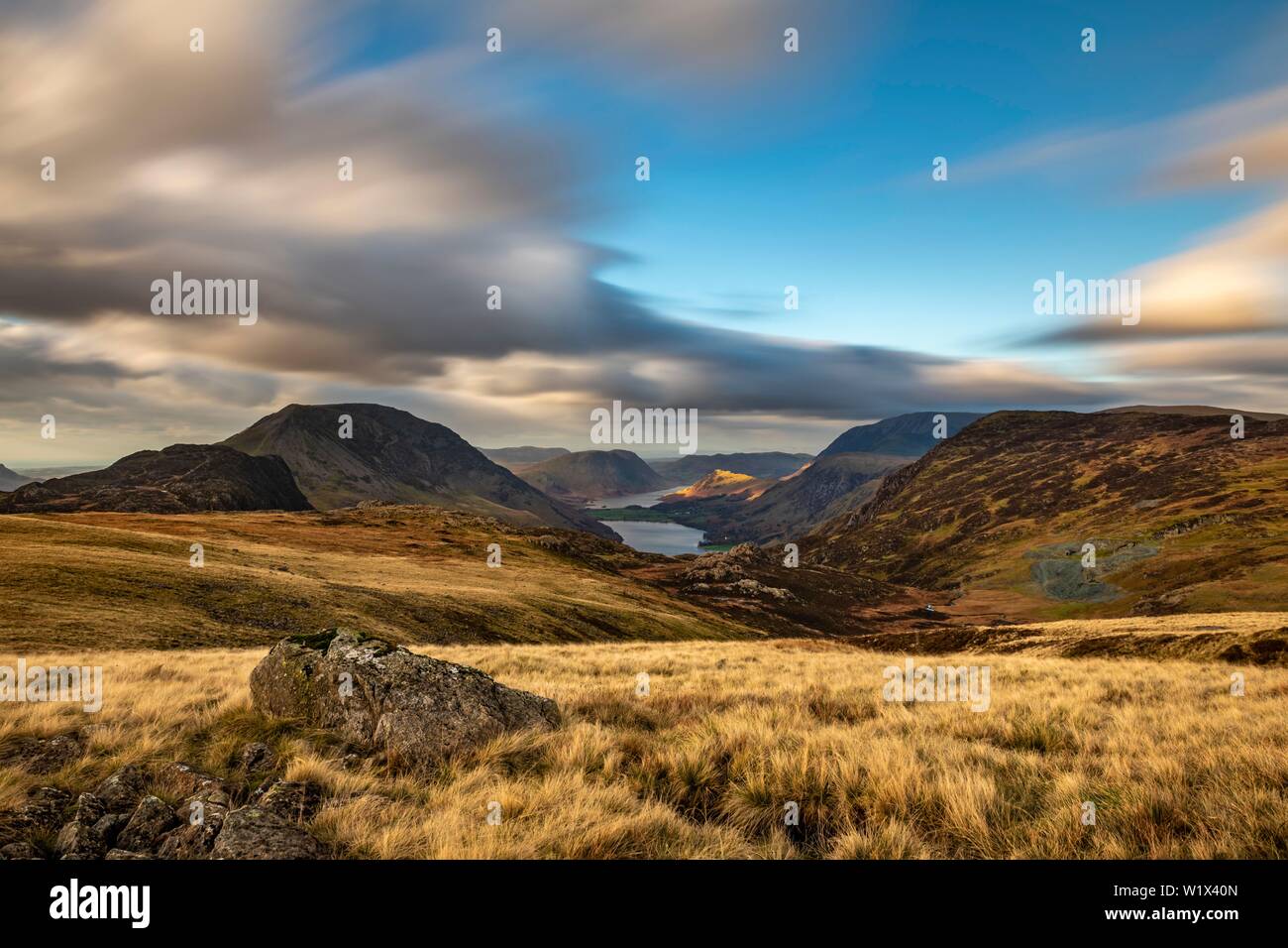 Autumn Mountain Landscape with Cloudy Sky, Buttermere Lake, Yorkshire Dales National Park, Central England, Great Britain Stock Photo