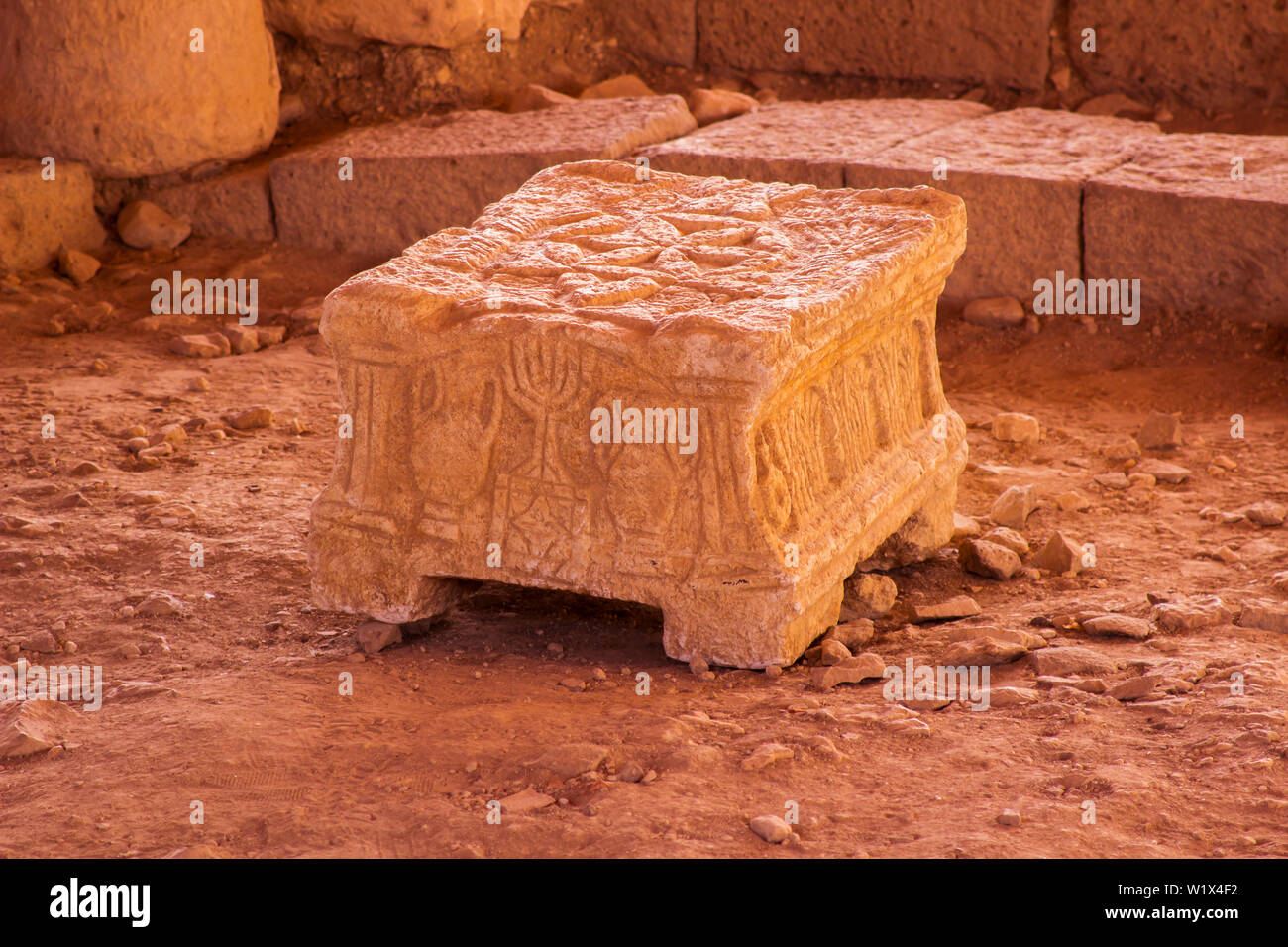 4 May 2018 The ancient Magdala stone located in a 1st century synagogue dig located in this Galilee village in Israel. Stock Photo