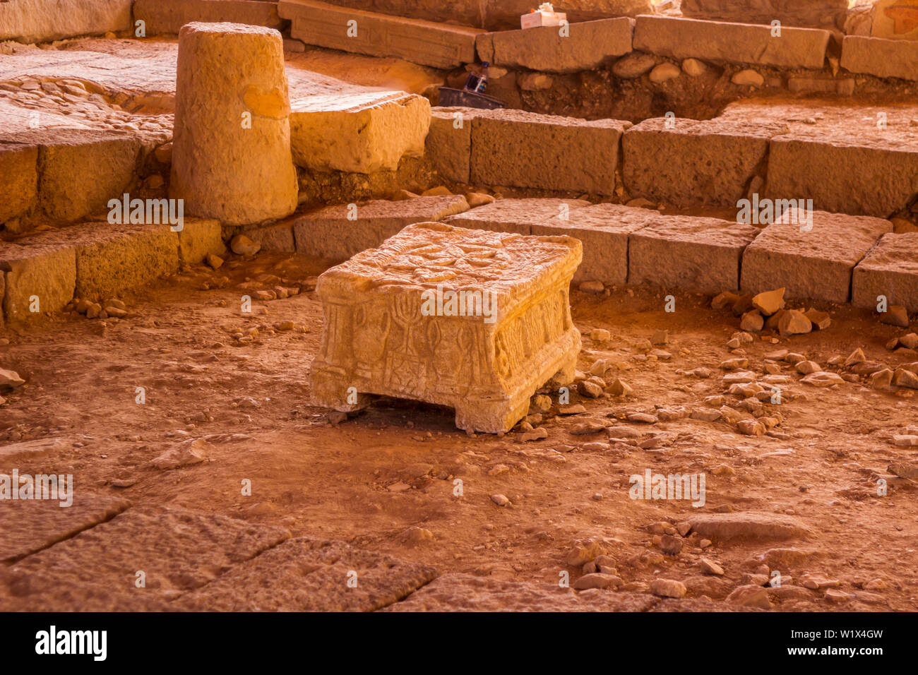 4 May 2018 The ancient Magdala stone located in a 1st century synagogue dig located in this Galilee village in Israel. Stock Photo