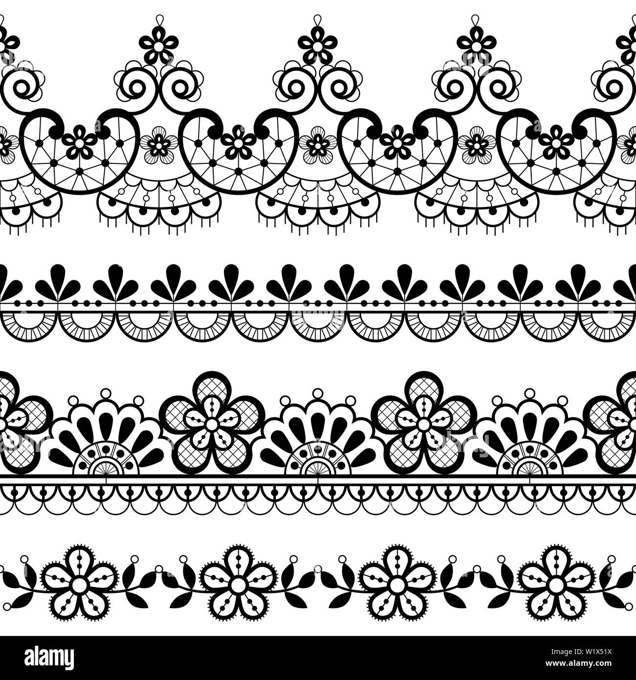 Vintage lace seamless vector pattern, ornamental repetitive design with flowers and swirls in black on white background Stock Vector