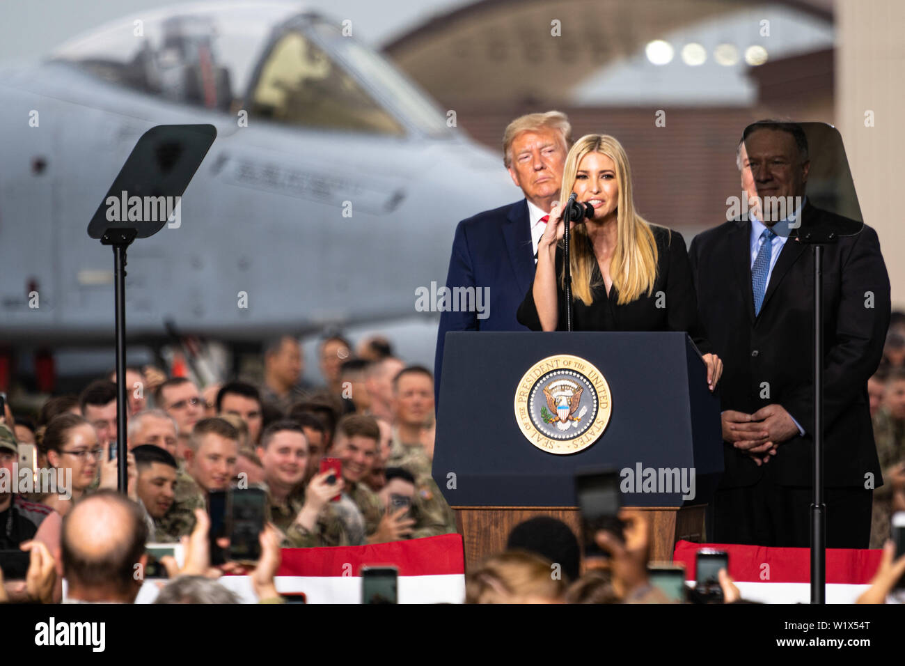 Ivanka Trump, the daughter and advisor to the President, speaks to a crowd of joint services members during a troop event at Osan Air Base, Republic of Korea, June 30, 2019.  Trump referenced the importance of military families who support the sacrifices of their loved ones serving overseas.  (U.S. Air Force photo by 1st Lt. Daniel de La Fé) Stock Photo