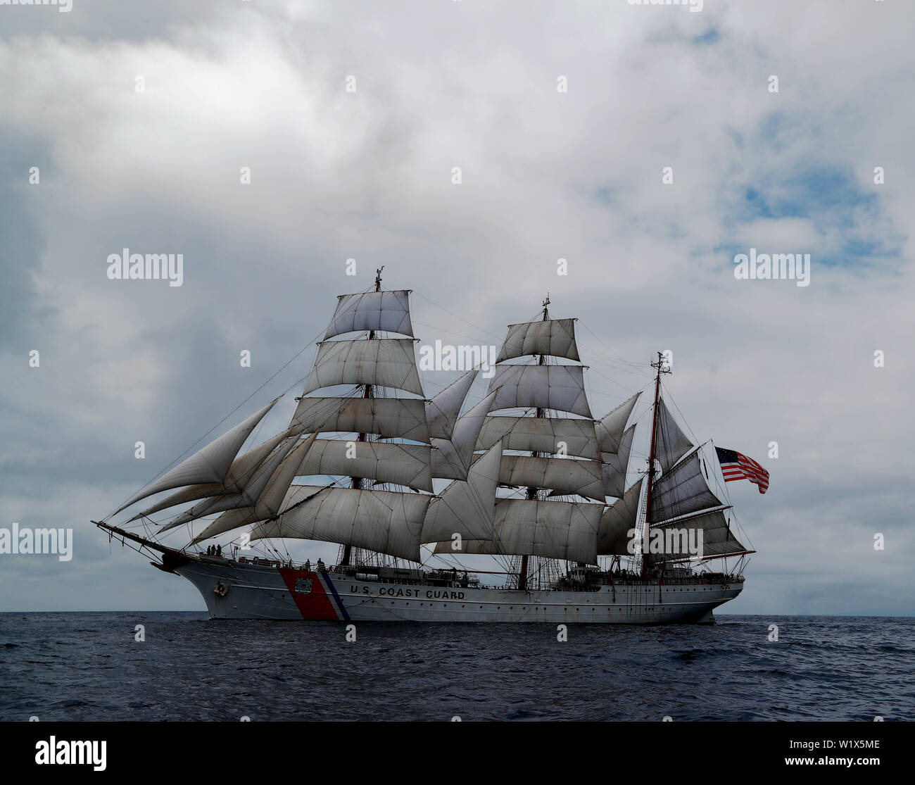 ATLANTIC OCEAN (July 2, 2019) U.S. Coast Guard Tall Ship Eagle (WIX 327) sails in the Atlantic Ocean off the coast of the Azores. Eagle is a tall ship used as a training platform for future Coast Guard Academy officers as well as a vessel for establishing and maintaining domestic and international relationships. (U.S. Navy photo by Mass Communication Specialist 2nd Class Ruben Reed) Stock Photo