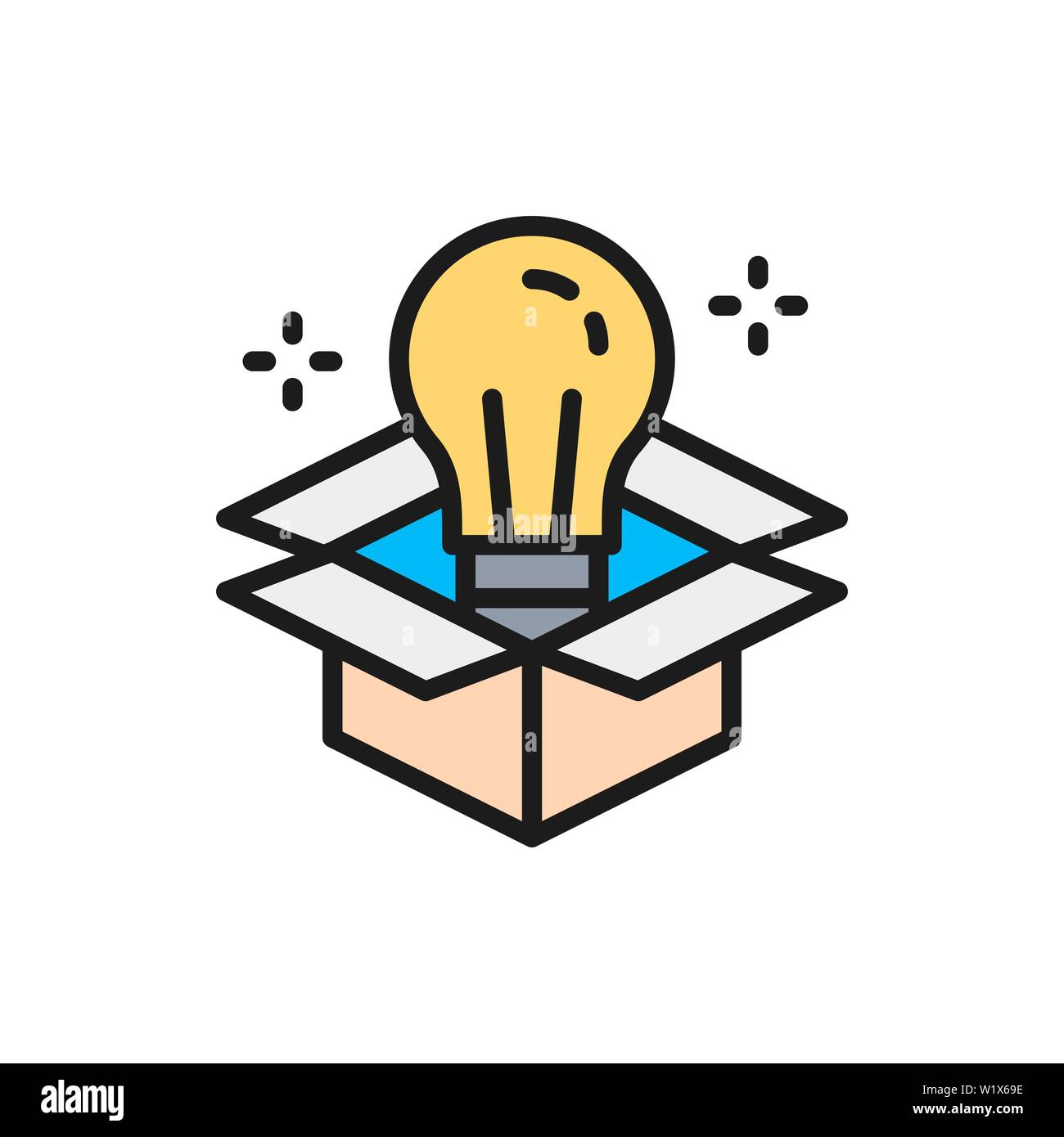 Vector light bulb in box, innovation, creative idea flat color line icon. Stock Vector