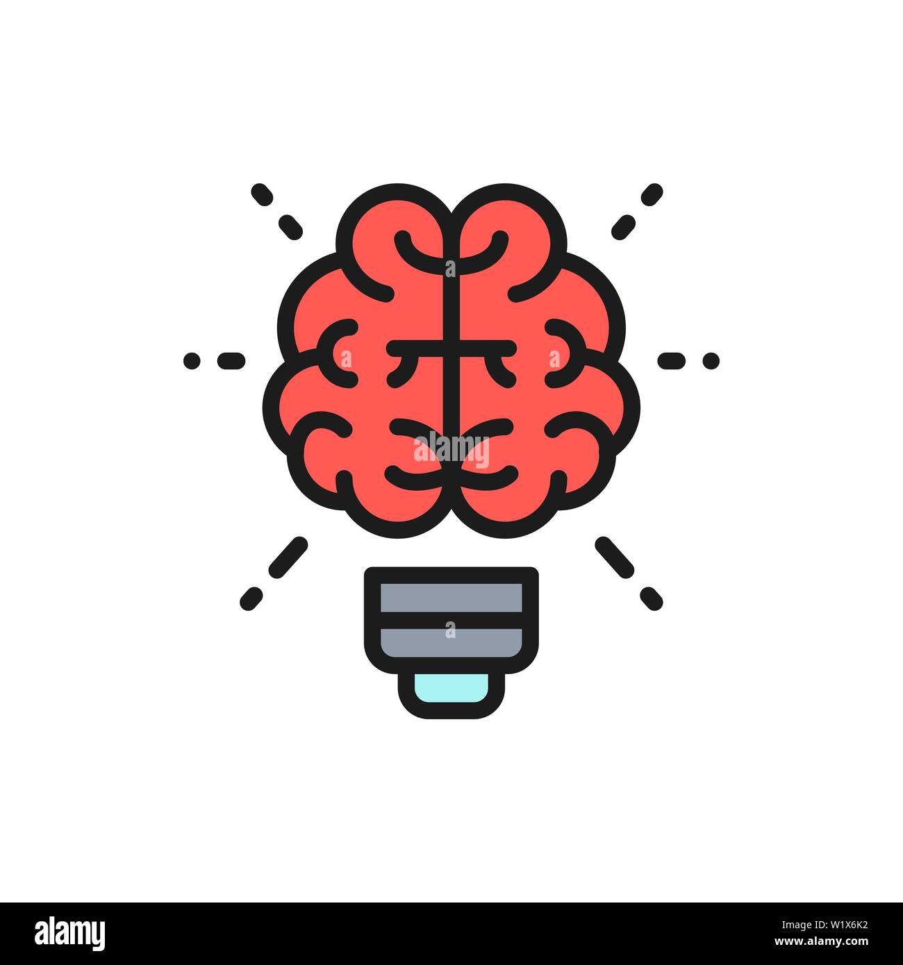 Vector brain and light bulb, innovation, creative idea flat color line icon. Stock Vector