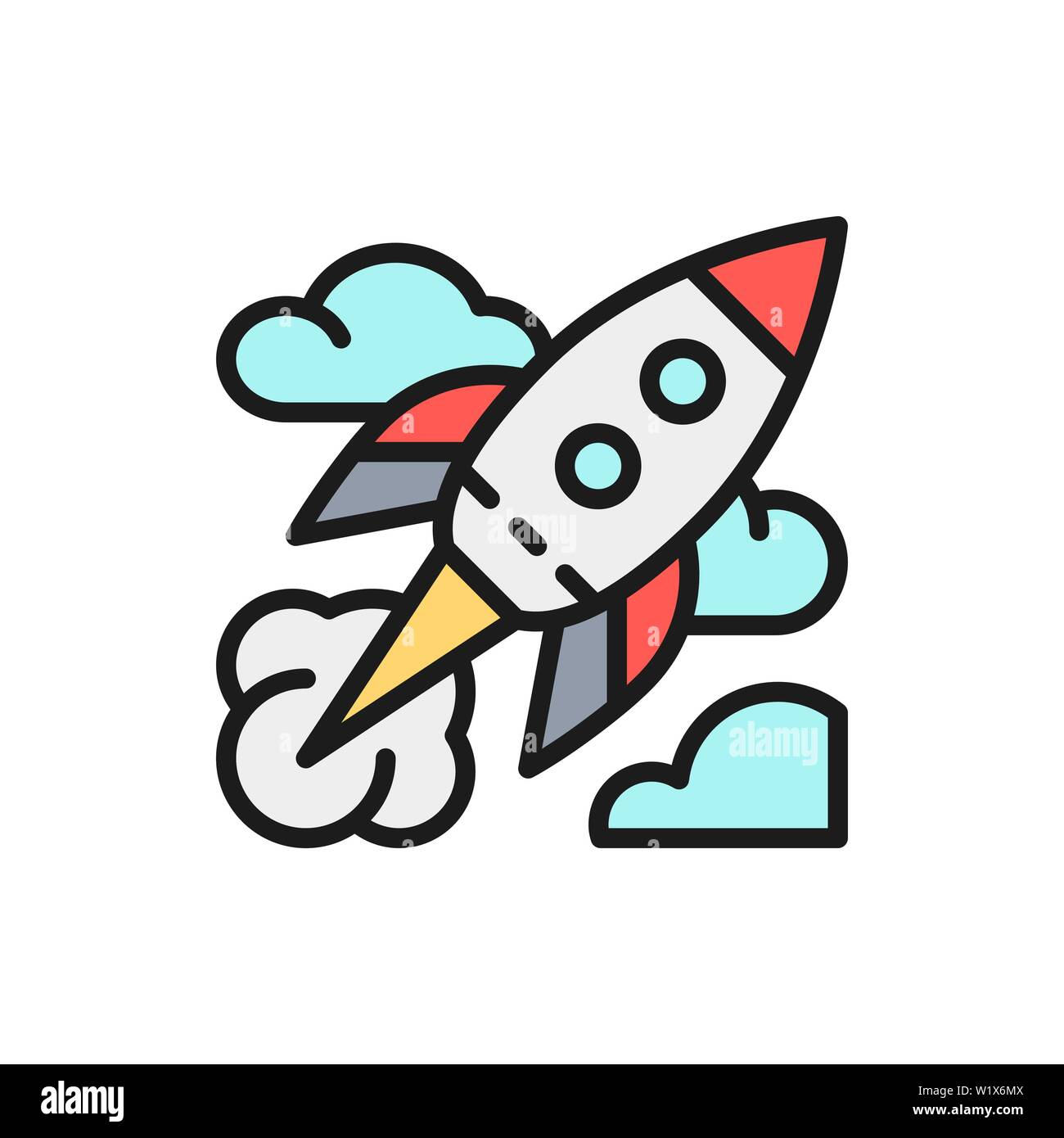 Vector rocket, startup flat color line icon. Stock Vector
