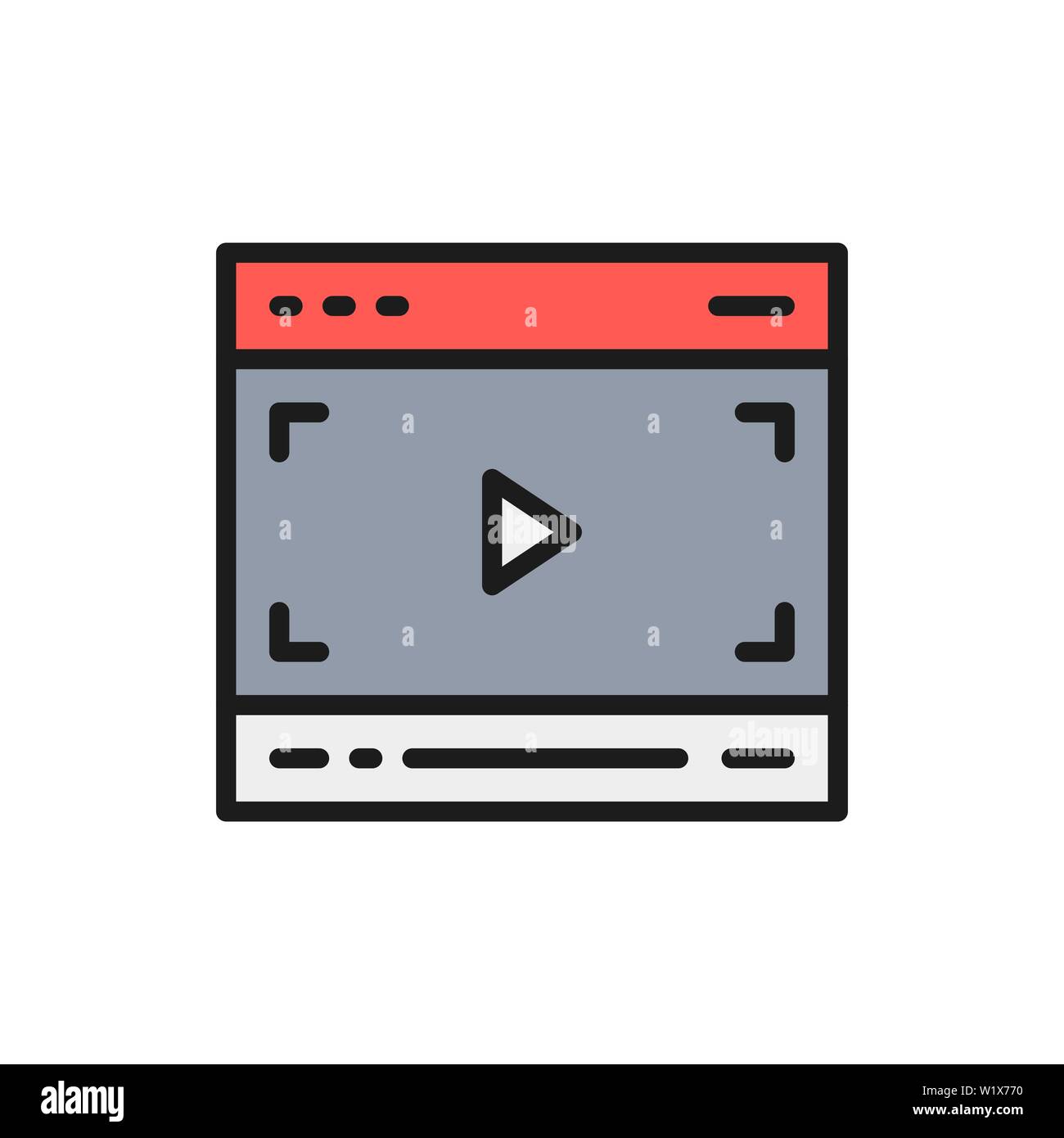 Vector video player on browser, multimedia page flat color line icon. Stock Vector