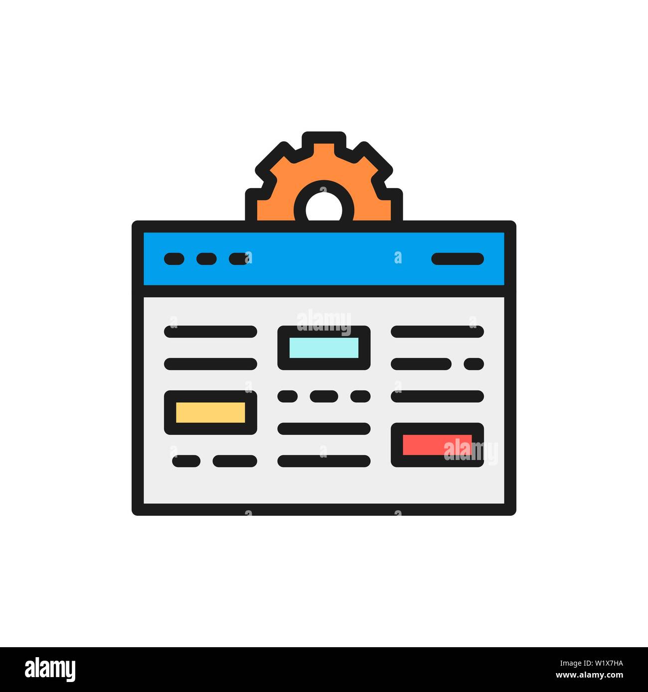 Vector webpage with gear, internet development, seo flat color line icon. Stock Vector