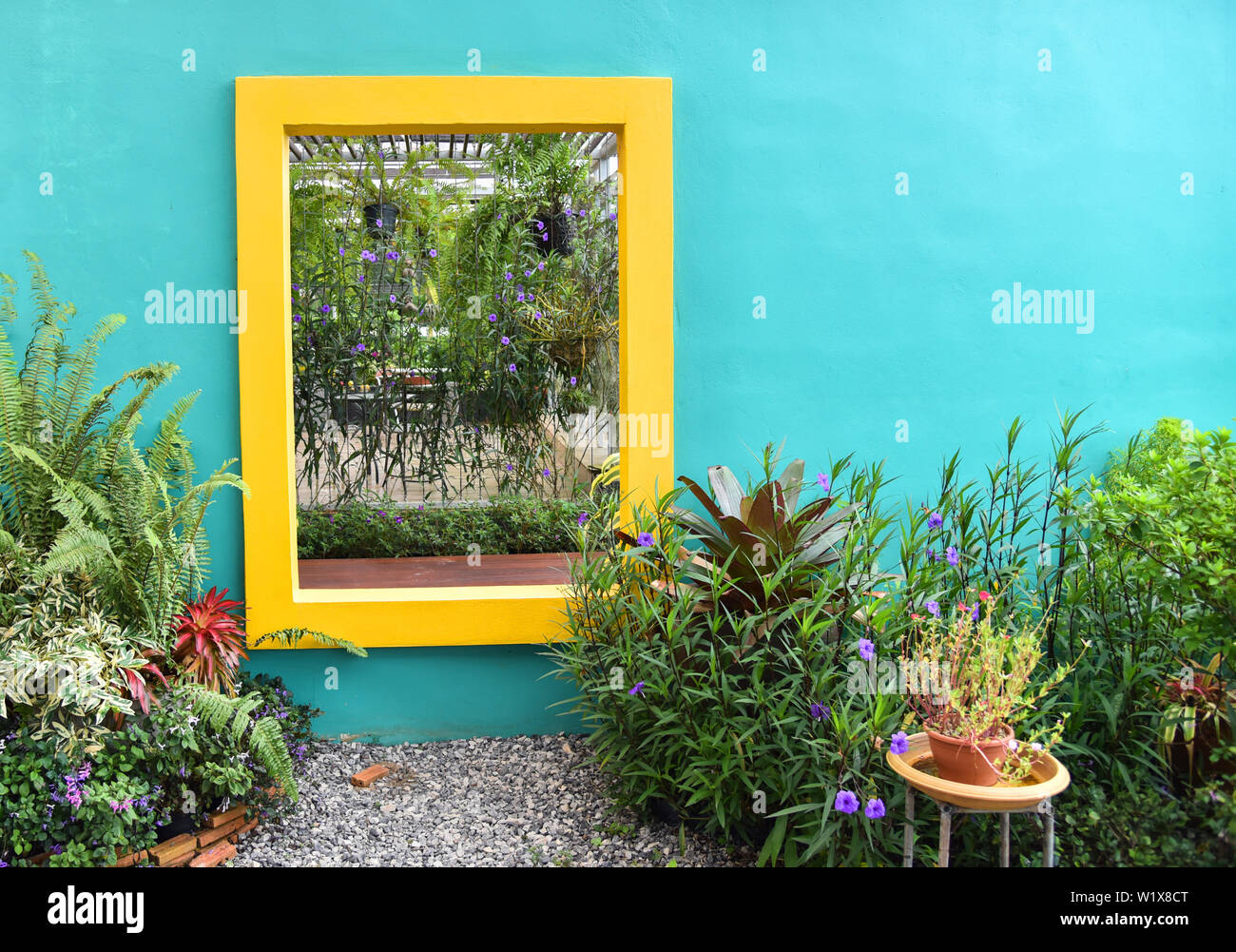 The Garden With Ornamental Plants Flowers In Pot Decoration At Backyard Gardening And Yellow Window On Blue Wall Background Stock Photo Alamy