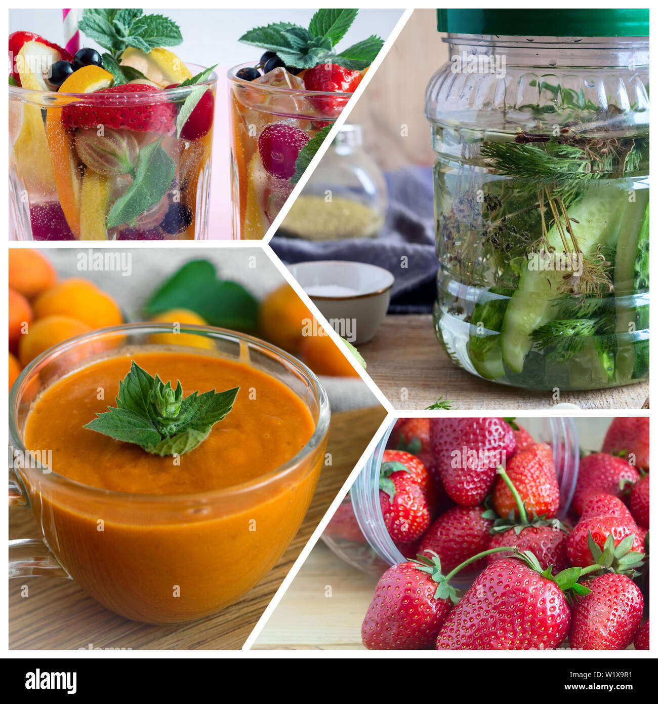 Vegetarian food: fruit drinks, smoothies strawberries cucumbers Stock Photo
