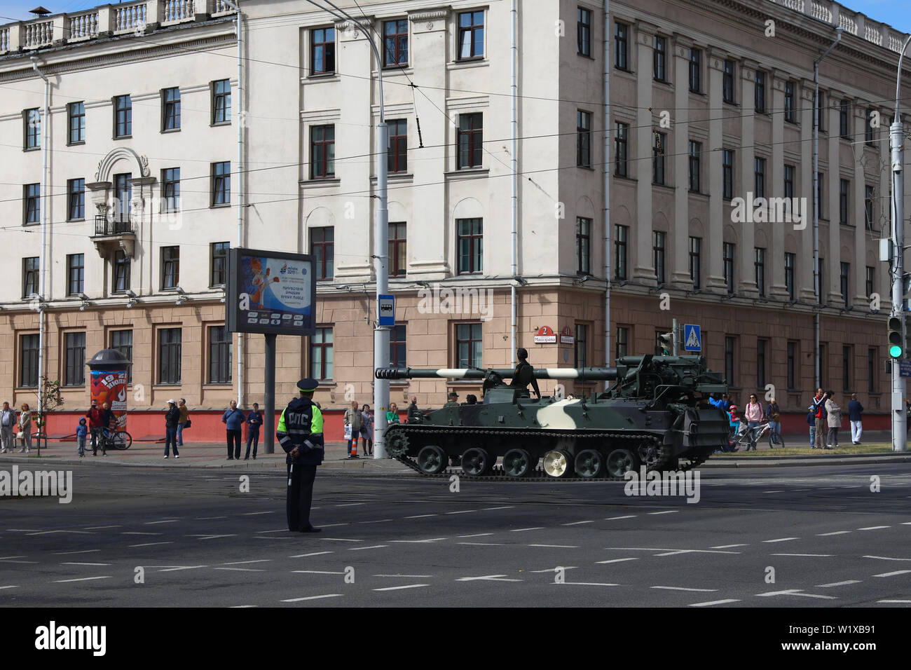 Minsk, Belarus - July 3, 2019: military vehicles on its way to the parade of the Independence Day of Belarus on July 3rd. Tanks in the city center. Stock Photo