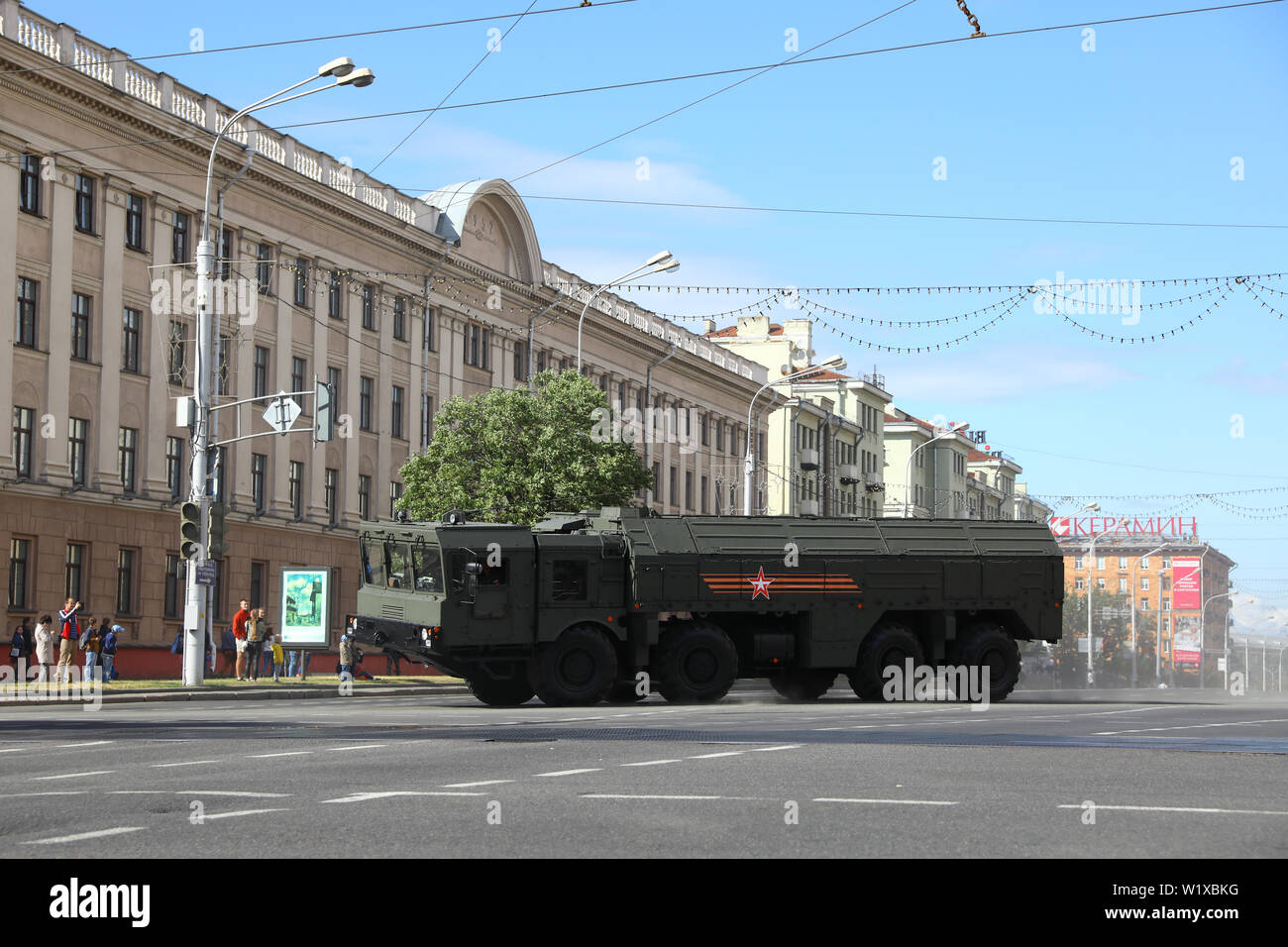 Minsk, Belarus - July 3, 2019: military vehicles on its way to the parade of the Independence Day of Belarus on July 3rd. Tanks in the city center. Stock Photo