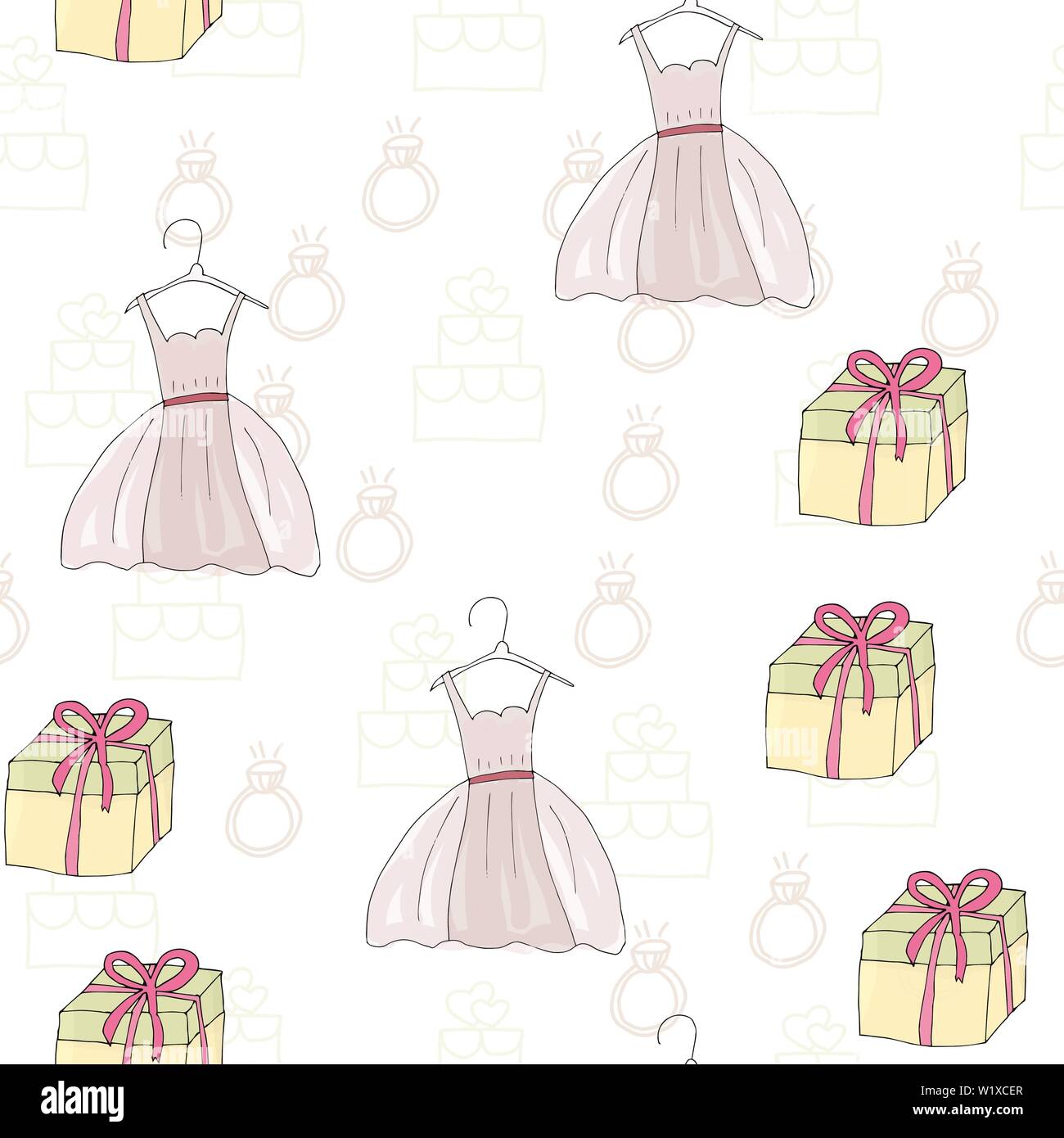 Wedding seamless pattern background of simple elements. Doodle hand drawn illustration vector Stock Vector