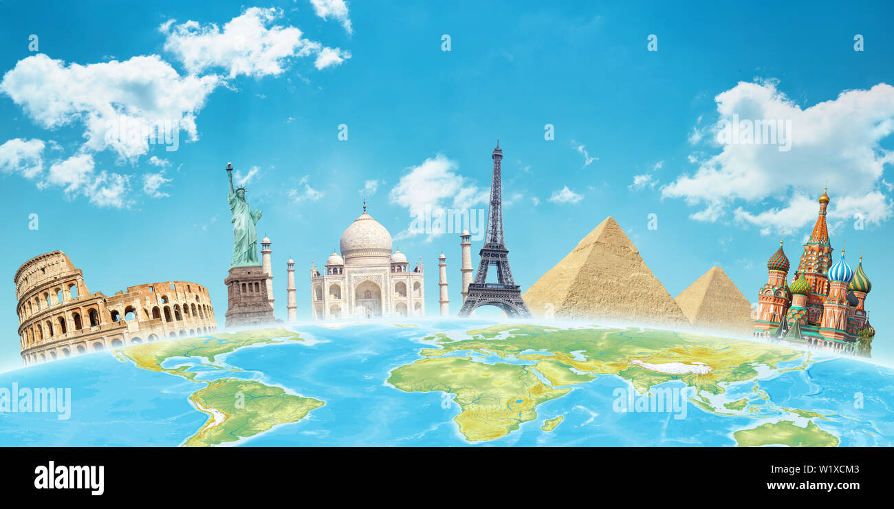 World attractions behind the globe. Travel concept. Stock Photo