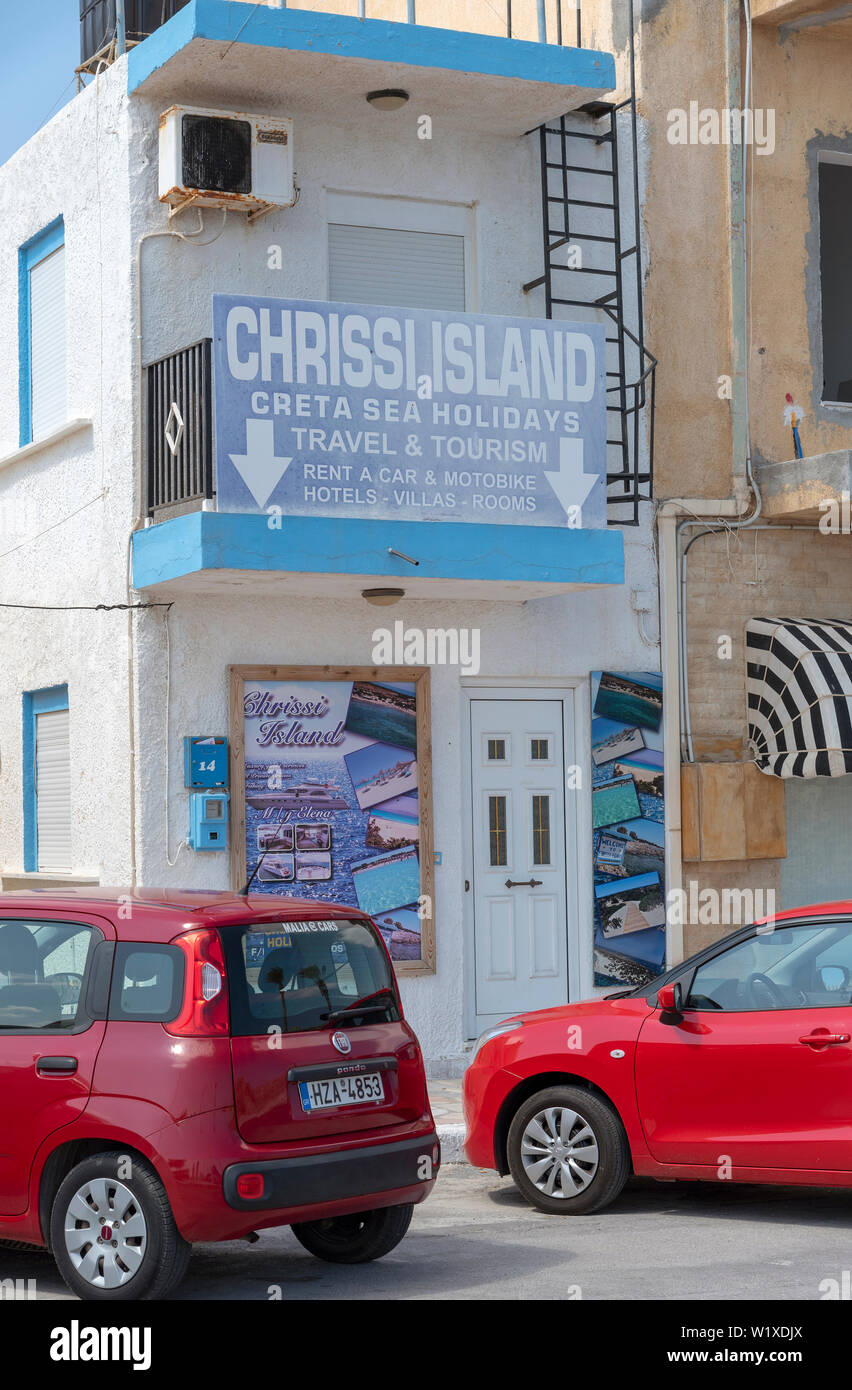 Ierapetra, Crete, Greece. June 2019. Chrissi Island booking office for boat trips to this island from Ierapetra town centre. Stock Photo