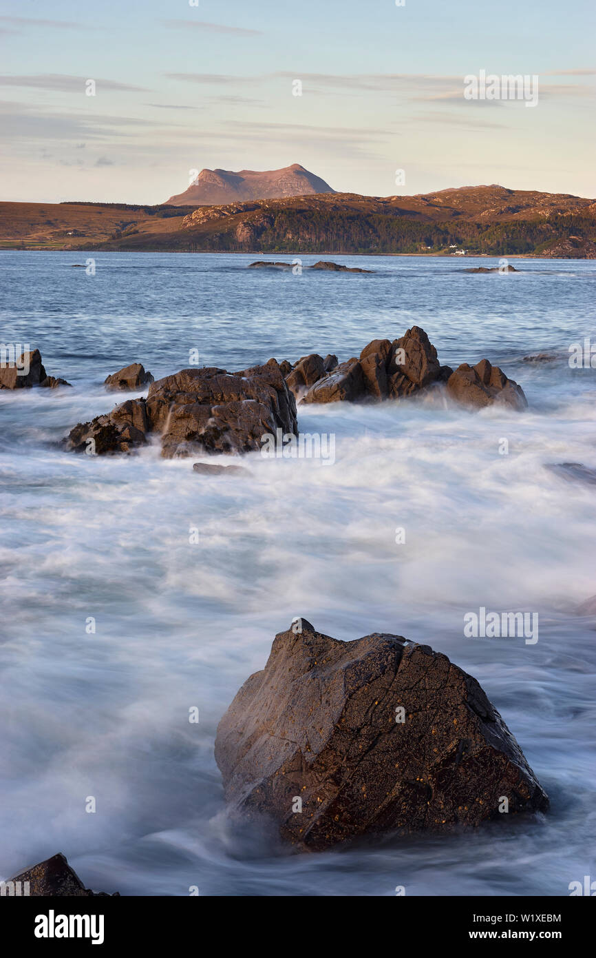 Beinn Ghobhlach  seen across Gruinard Bay, Wester Ross, Highland, Scotland. Stock Photo